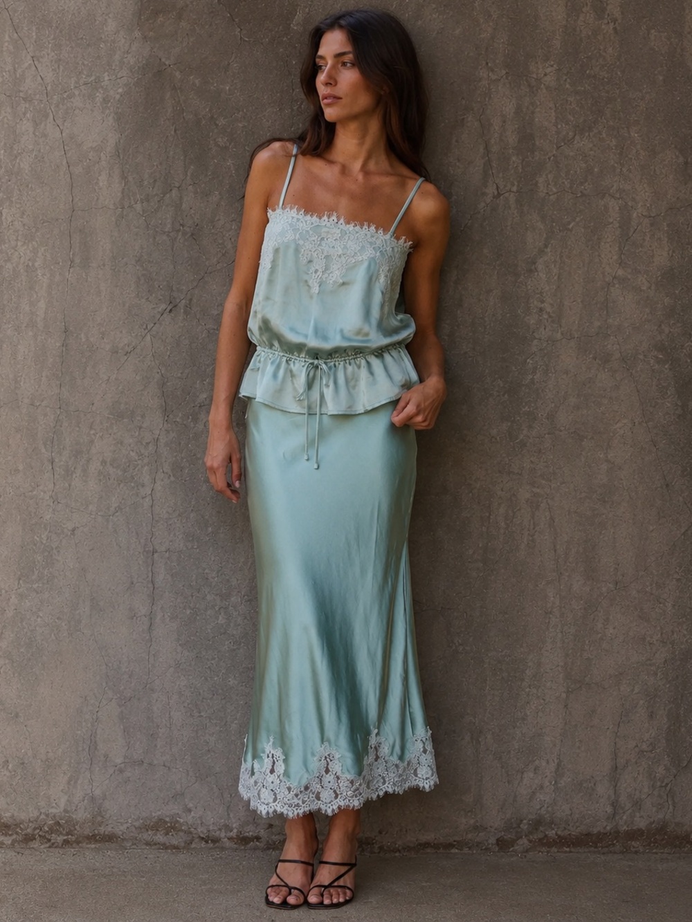 Satin Lace-Trim Slip skirt and Top in Dusty Mint S-L